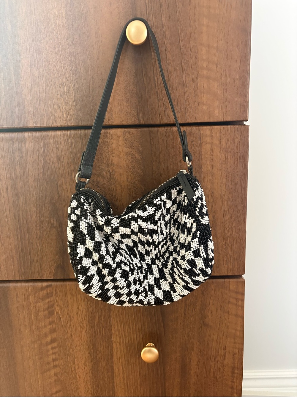 Mango Black and White Beaded Shoulder Bag